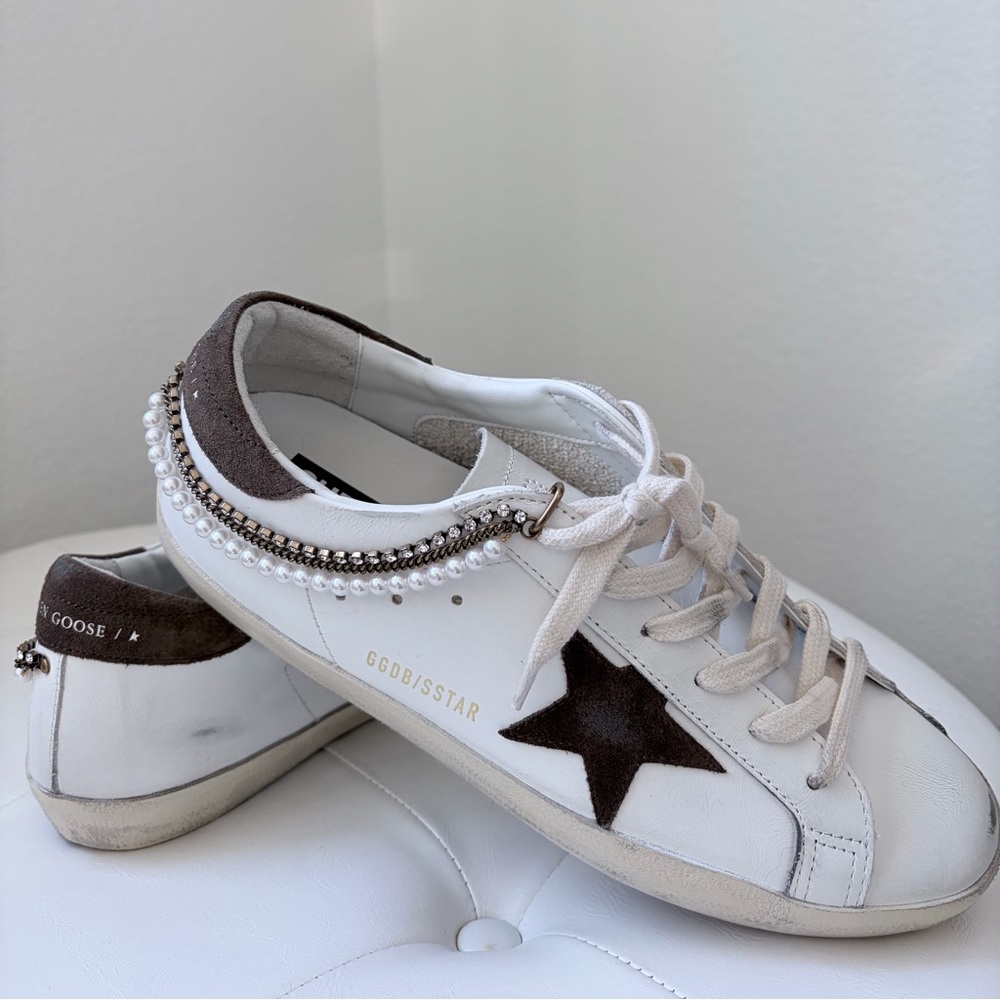 Authentic Golden Goose White and Brown Super-Star Sneakers with Chain